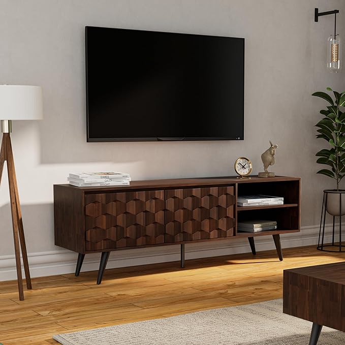 Bme Georgina 65 Inch Solid Wood TV Stand, Under 10 Minutes Assembly Entertainment Center with Storage, Geometric Pattern TV Console for Living Room, Bedroom, Dinning Room - Walnut