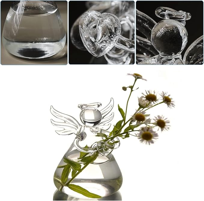 Angel Design Glass Vases Clear Flower Plant Terrarium Container Hanging Vase Wedding Decor Garden Ornaments Hanging Planter (Pack of 8)