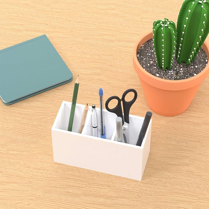 NIUBEE Acrylic Pen Holder 3 Compartments, White Pencil Organizer Cup for Countertop Desk Accessory Storage