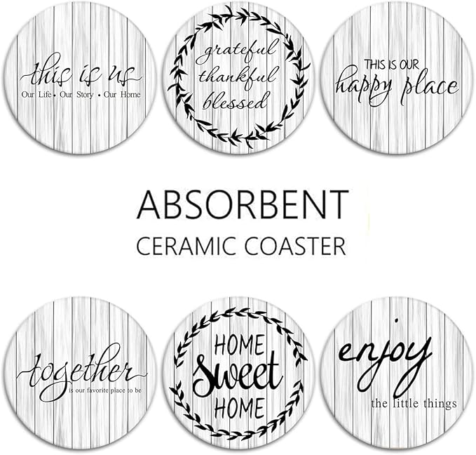 Britimes Coaster for Drinks Set of 6, White Old Wood Wooden Board Table Absorbent Round Ceramic Stone Mat, with Cork Base and Metal Holder, Gift for Housewarming Room Bar Decor