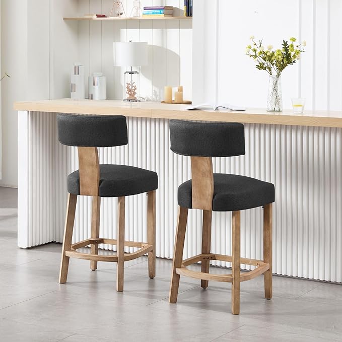 Linen Bar Stools Set of 2, Upholstered 27.7'' Counter Height Barstools with Curved Back, Farmhouse Wood Bar Chairs for Breakfast, Kitchen Island, Cafe, Gray