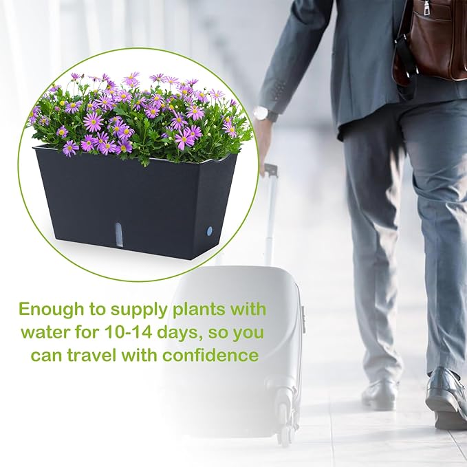 Window Box Planter 6 Pcs, 12.1 Inches Self Watering Plant Pots Rectangle Flower Pots with Drainage Holes and Breathable Trays, Vegetable Planters for Windowsill Patio Garden Balcony Porch Yard (Black)