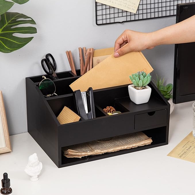 Wood Desk Drawer Organizers with File Organizer Pen holder Office Decor combo for Desk Organization Home can arrange office supplies such as calculators scissors pens note papers, etc. (black)