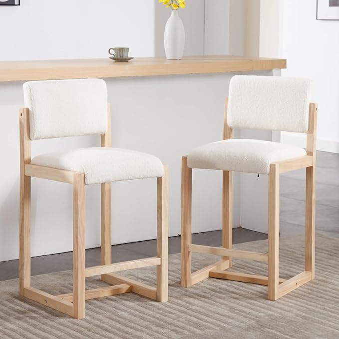Mid-Century Bar Stools Set of 4, 26 Inch Modern Counter stools Sherpa Fabric Bar Chairs with Backrest Wooden Frame for Kitchen Island Dining Room, White