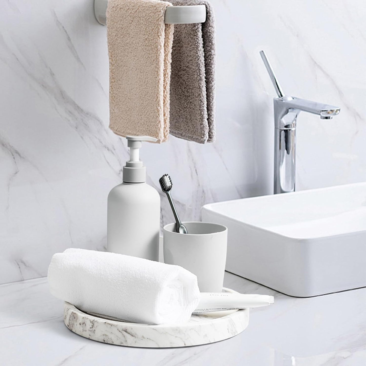 WORHE Natural Marble Decorative Tray for Bathroom Bedroom Kitchen Dresser, Round Vanity Trays for Jewelry, Perfume, Cosmetic, Candle, Countertop Storage Organizer for Home Decor Color White (TP601)