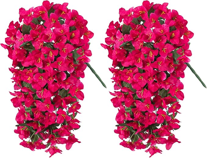 2 pcs Artificial Faux Bougainvillea Flowers Plants for Outdoor Outside Summer Decoration, Fake Silk UV Resistant Long Trailing Vines for Front Door Porch Planter Balcony (Purple Rose Red)