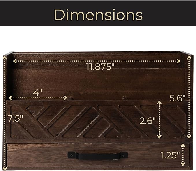 BLU MONACO Mail Organizer for Desk – Brown Wooden Mail Sorter with Drawer and 6 Compartments – Rustic Letter Organizer with Black Handle – Desktop File Holder for Home Office, Entryway, or Kitchen