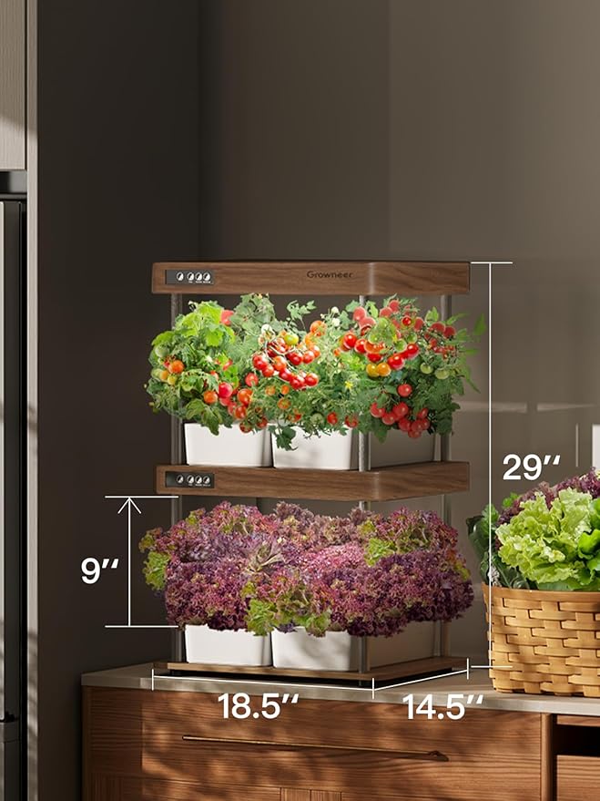 GROWNEER HydroEasy1.0 Hydroponic Growing System, 2-Tier Indoor Garden with Full-Spectrum LED Grow Lights, 32 Pods, Solid Wood Design, Independent Water Circulation, Ideal for Vegetables, Herbs, Walnut