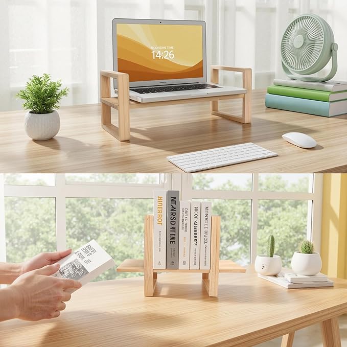 Adjustable Desktop Bookshelf,Bookshelf No Assembly Required, DIY Multi-Combination Shelves Organizer for Home Office Supplies,and Dresser, True Natural Pine Wood, White