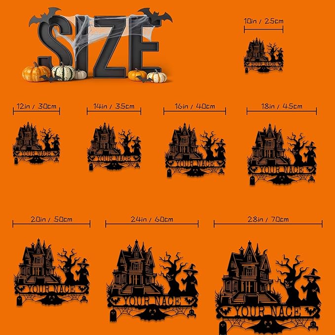 Custom Halloween Metal Wall Art with Family Name, Personalized Haunted House Metal Sign with Witch Bats Pumpkins Skull Ghost Spider, Spooky Decor for Halloween Party, Living Room, Man Cave