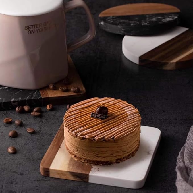 I-LAN 4 Pack 4 x 4 Inch Squre Natural Wood and Marbel Style Coasters for Drinks,White Marble and Natural Wood Joint Mixed Modern Style Heat-Resistant Coaster Set for Home Kitchen