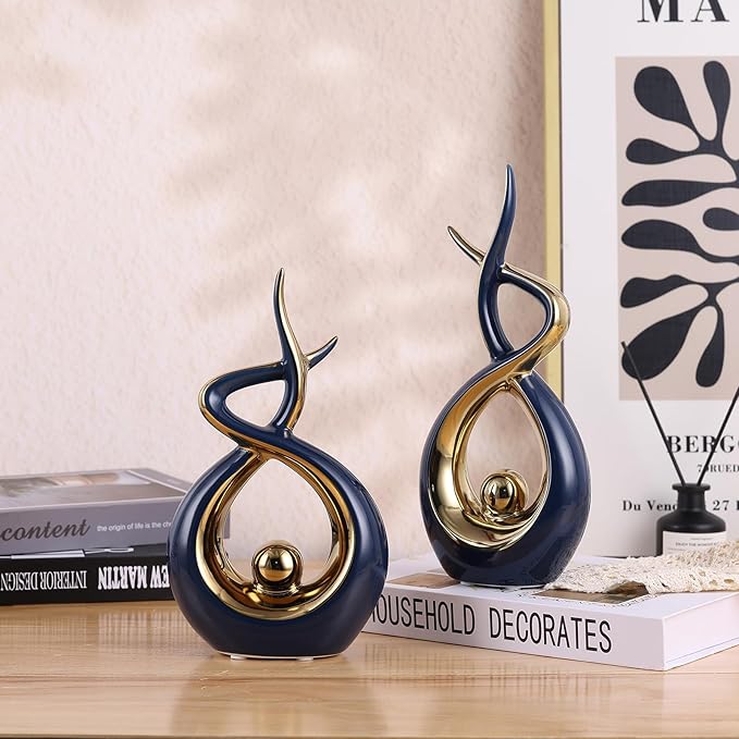Gold Blue Modern Sculpture Table Decorations, Ceramic Knick Knacks Statues for Living Room Decor, Tv Stand and Desk Decor, Suitable for Coffee Tables and Shelf Decorations, Great Gift Idea