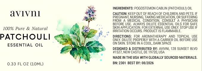 Patchouli Essential Oil - 100% Pure & Natural, Organic, Undiluted for Aromatherapy, Skin, Hair, Diffuser (0.33oz - 10ml)…