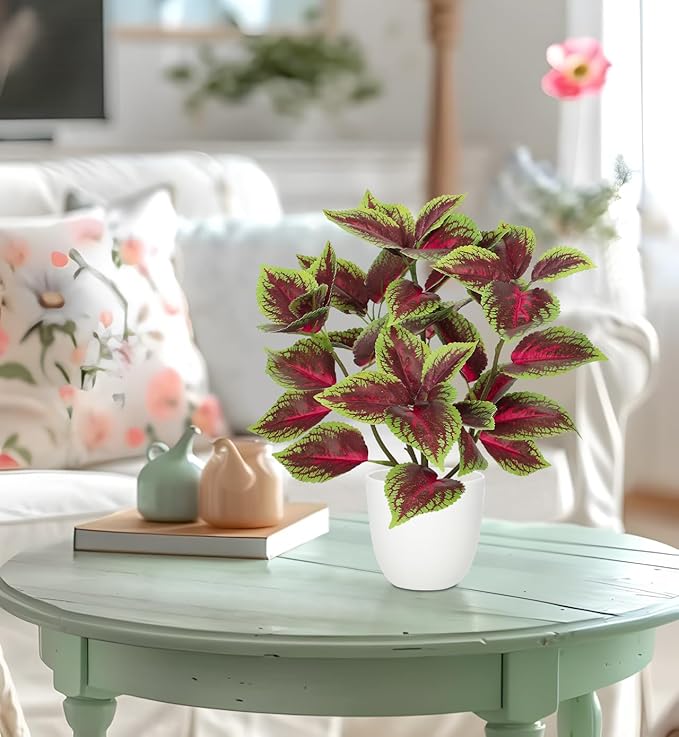 Artificial Plants Indoor 14.2" Small Fake Perilla Plant in Pot Potted Plants Artificial Decor Faux House Plant with White Pot for Farmhouse Home Office Bathroom Living Room Table Shelf Decor