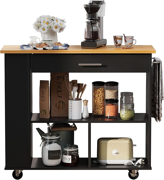 Shintenchi Kitchen Island on Wheels with Storage, Wheeled Island & Cart with 3-Tier Spice Rack, 3 Open Shelves and 1 Drawer, Black