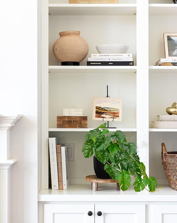 DILATATA Fake Plants Indoor 8 Inch Artificial Monstera Plant in Black Plastic Pot - Faux Potted Tropical Palm Plant for Home Aesthetic Decor Living Room Shelf Office