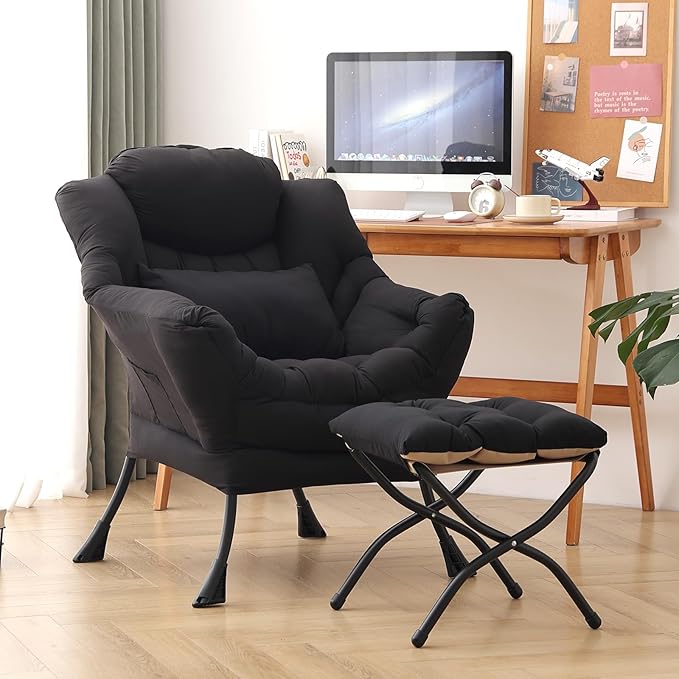 Lazy Chair with Ottoman, Modern Accent Chair with Lumbar Pillow, Comfy Chairs with Folding Footrest for Bedroom, Reading, Oversized Supportive Lounge Chairs(Black)