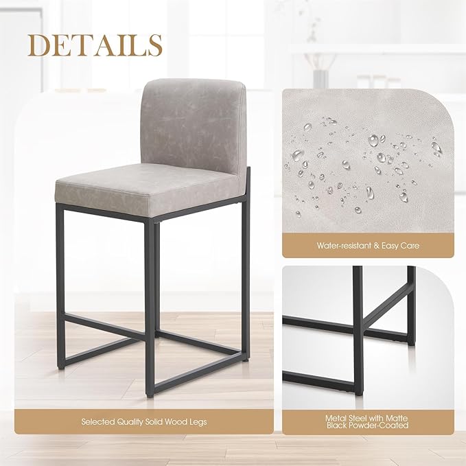 Sophia & William Light Grey Bar Stool, Counter Height 24" Bar Stools with Backs, Modern PU Leather Kitchen Island Bar Chairs,1 Pack