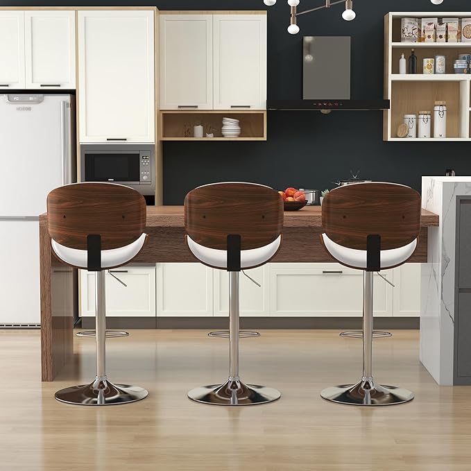 KCC Bar Stools Set of 2, Swivel Adjustable Height Barstools, PU Leather Upholstered Bar Chairs with Footrest, Bentwood Bar Stool for Kitchen, Bar, Dining Room(White PU)