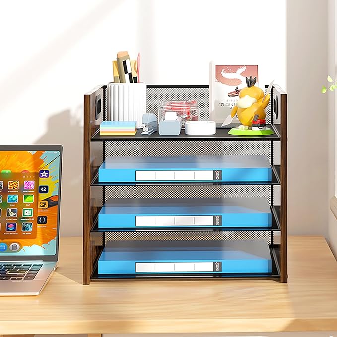 Wood Desk Organizer - 4-Tier Desktop File Organizer, Wooden Paper Organizer, Office Desk Organizer for Papers, Mail, Notebooks, Stationery