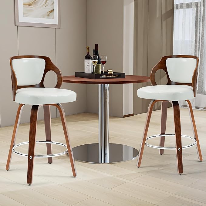 ECOTOUGE Swivel Bar Stools Set of 4, Walnut Faux Leather Counter Height Barstools with Bentwood Back and Footrest, for Dining Room, Kitchen Island and Pub, White