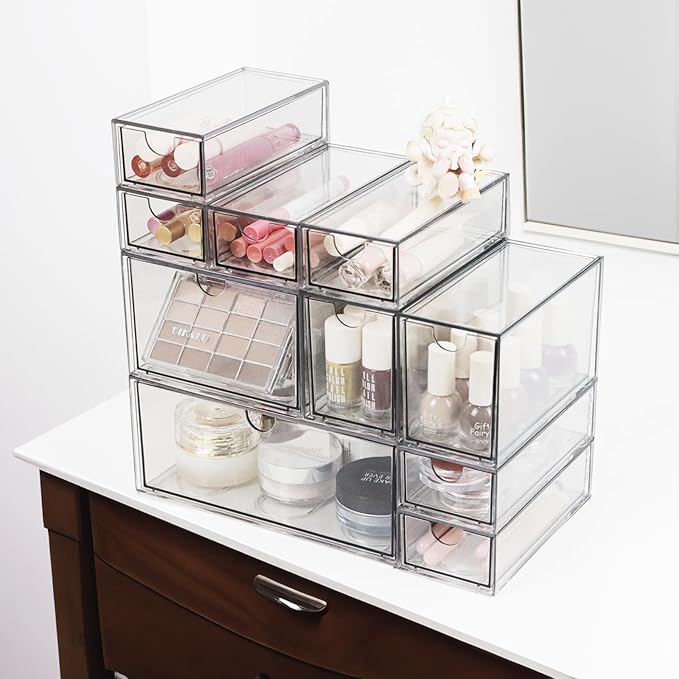 Acrylic Makeup Organizer, 10 Drawers Clear Storage Organizer Desktop Stackable Storage Drawers, Plastic Organizer Bins for Makeup, Stationery, Cosmetics, Vanity, Bathroom,Cabinet,Pantry Office Desk