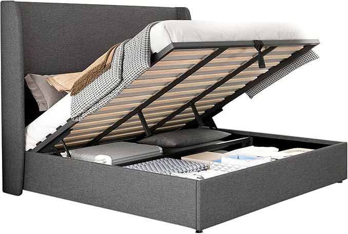 Jocisland King Size Bed Frame Lift Up Storage Bed Upholstered Platform Bed with Wingback Headboard/Hydraulic Storage/No Box Spring Needed/Wood Slats Support/Dark Grey