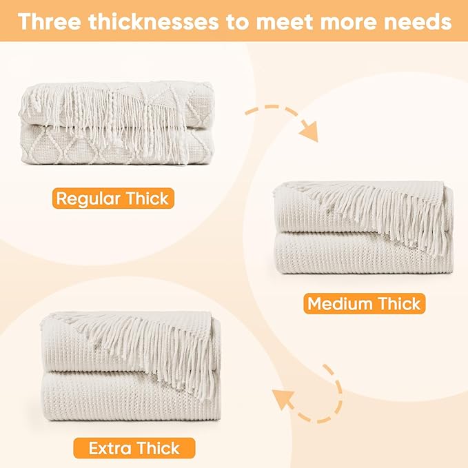 inhand Throw Blanket for Couch Bed,Chunky Chenille Woven Soft Blankets with Tassels,Cozy Boho Farmhouse Fall Winter Decor,Warm for Women,50"x60",Extra Thick-Off White