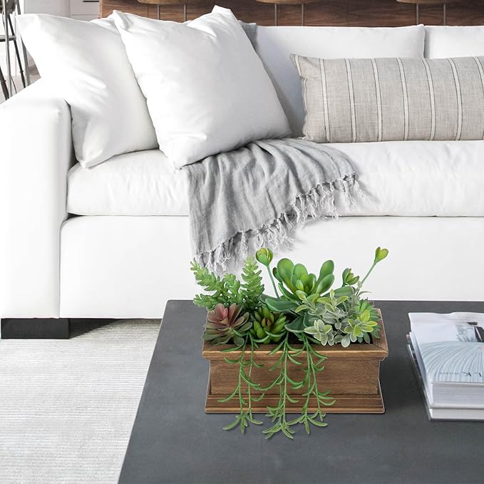 Artificial Succulents Plants, Mini Assorted Potted Succulent Fake Plants in Pots Small Succulents Plants Artificial with Wood Pot for Home Office Living Room Table Shelf Decor Indoor