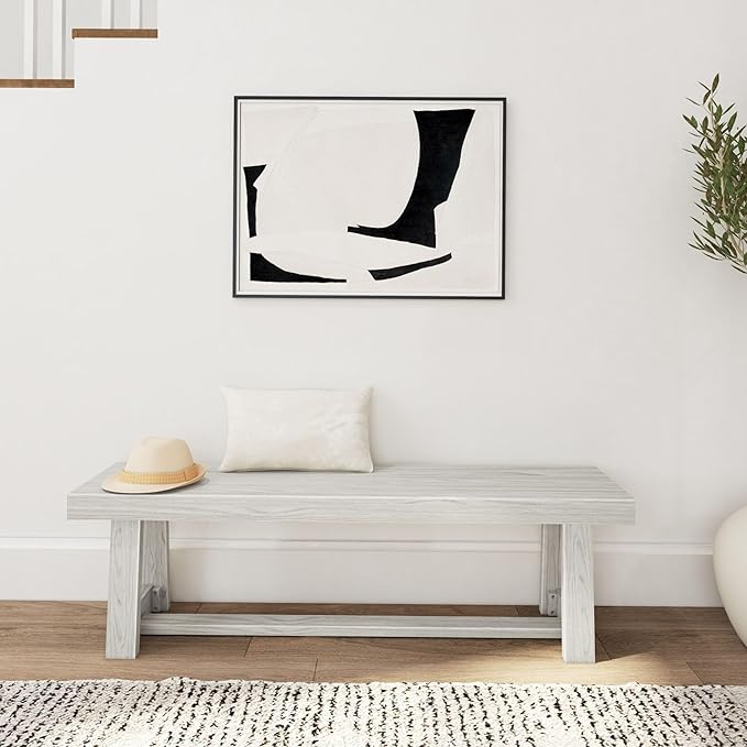 Plank+Beam 60 Inch Farmhouse Dining Bench, Solid Wood Entryway Bench, Wooden Outdoor Bench, Kitchen Dining Seat, Dining Room, Home Office, Living Room Furniture, Easy Assembly, White Sand Wirebrush