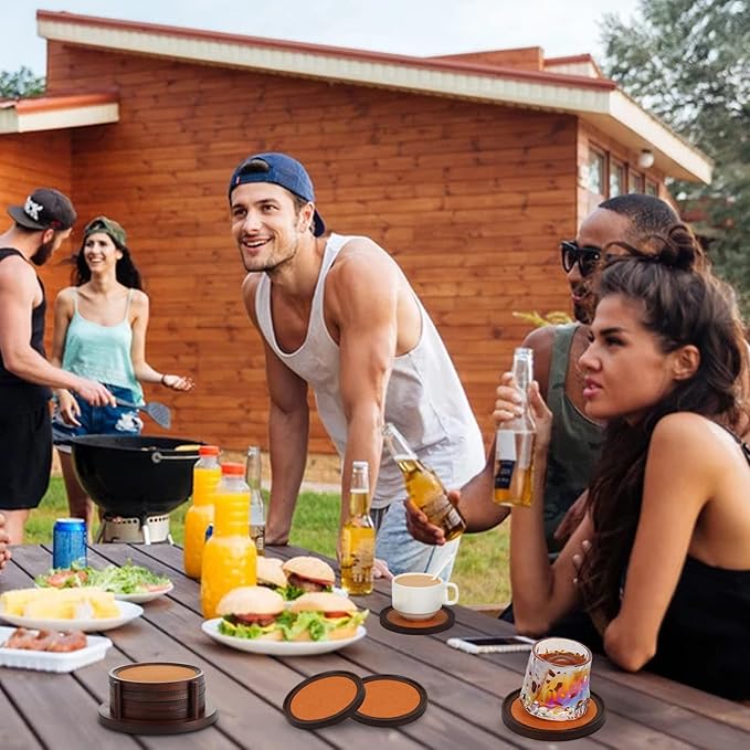 MinBoo Bamboo Coasters for Coffee Table Set of 4 Coasters for Drinks Absorbent with Holder Coffee Table Decor for Tabletop Protection Gifts for House Warming New Home & Wedding (Brown 4Pcs)