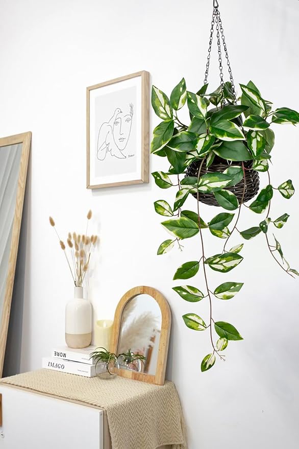 Oairse Artificial Hanging Plants Fake Hanging Plants with Pots Faux Golden Pothos N‘ Joy Potted Plant Wall Plant with Basket Pot for Wall Shelves Bedroom Bathroom Indoor Outdoor