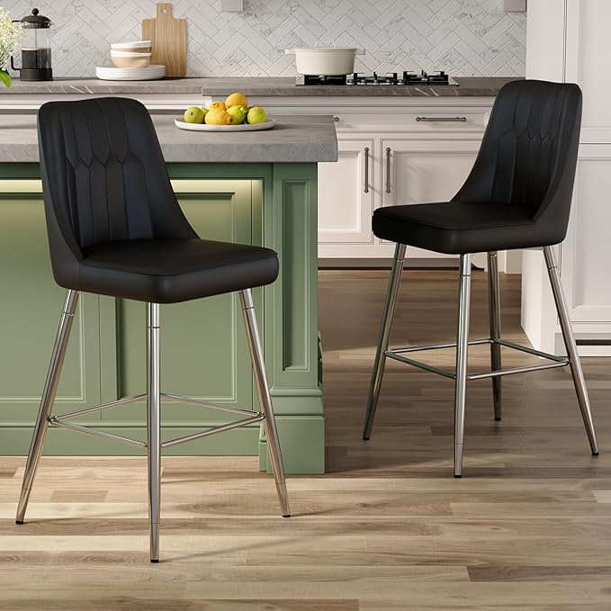 Black Bar Stools Set of 2,27" Counter Height Bar Stools Set of 2,Faux Leather Counter Stools with Soft Padded Seat & Curved Backrest,Modern Kitchen Island Chairs for Dining Café