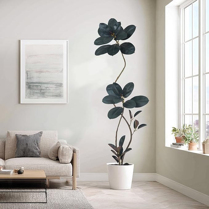 Artificial Rubber Tree Plant, 78 Inch Indoor Tree, Green with Round Planter, All Season Home Decor (Black,6.5ft)