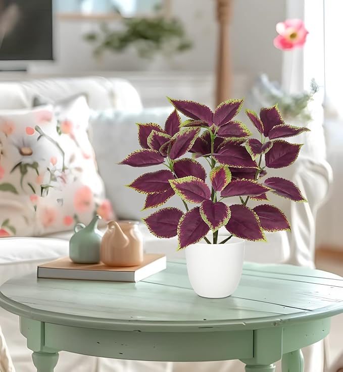 Artificial Plants Indoor 14.2" Small Fake Perilla Plant in Pot Potted Plants Artificial Decor Faux House Plant with White Pot for Farmhouse Home Office Bathroom Living Room Table Shelf Decor