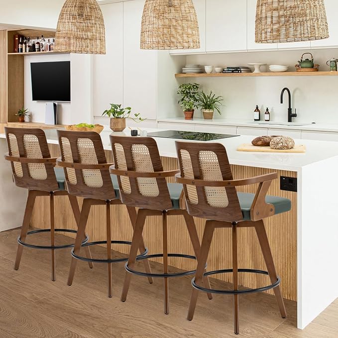 Set of 1 Bar Stool - 27 inch Swivel Rattan bar Stool with Cane Back, Curved Arms, Upholstered Seat, Adjustable Bamboo Legs, Kitchen Bar Chairs for Counter/Kitchen/Island (Walnut Green)