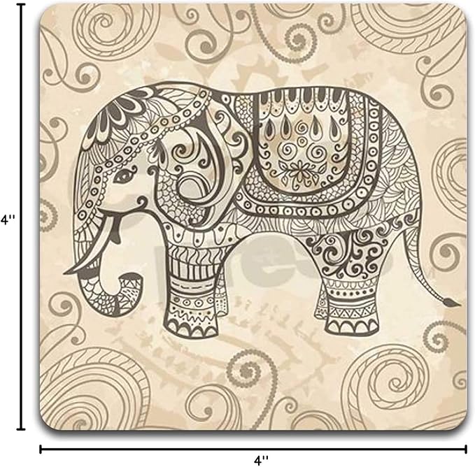 Hand Drawn Elephant Square Coaster Set - Made of Recycled Rubber - Set of 4