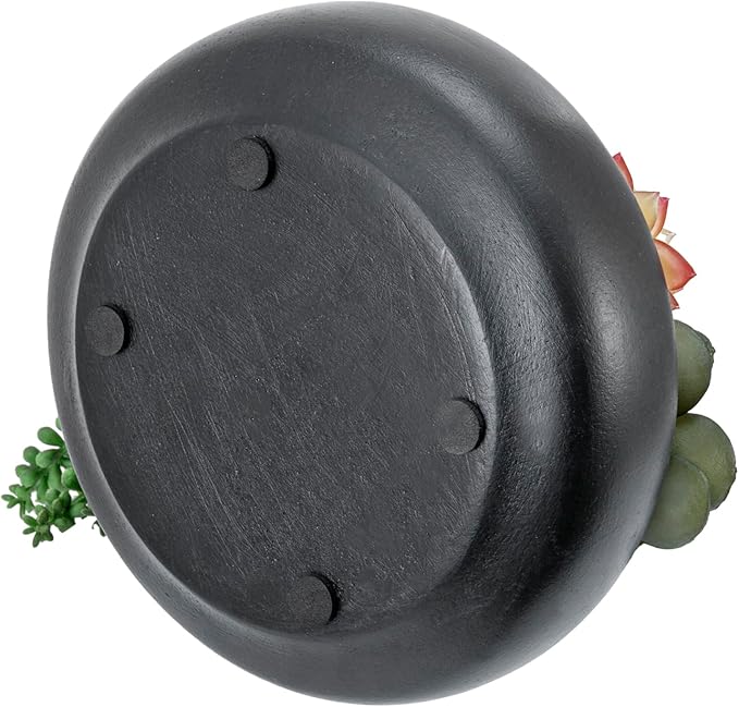 MyGift 8-Inch Artificial Succulent Plant Arrangement, Assorted Fake Plants in Modern Black Round Concrete Planter Bowl