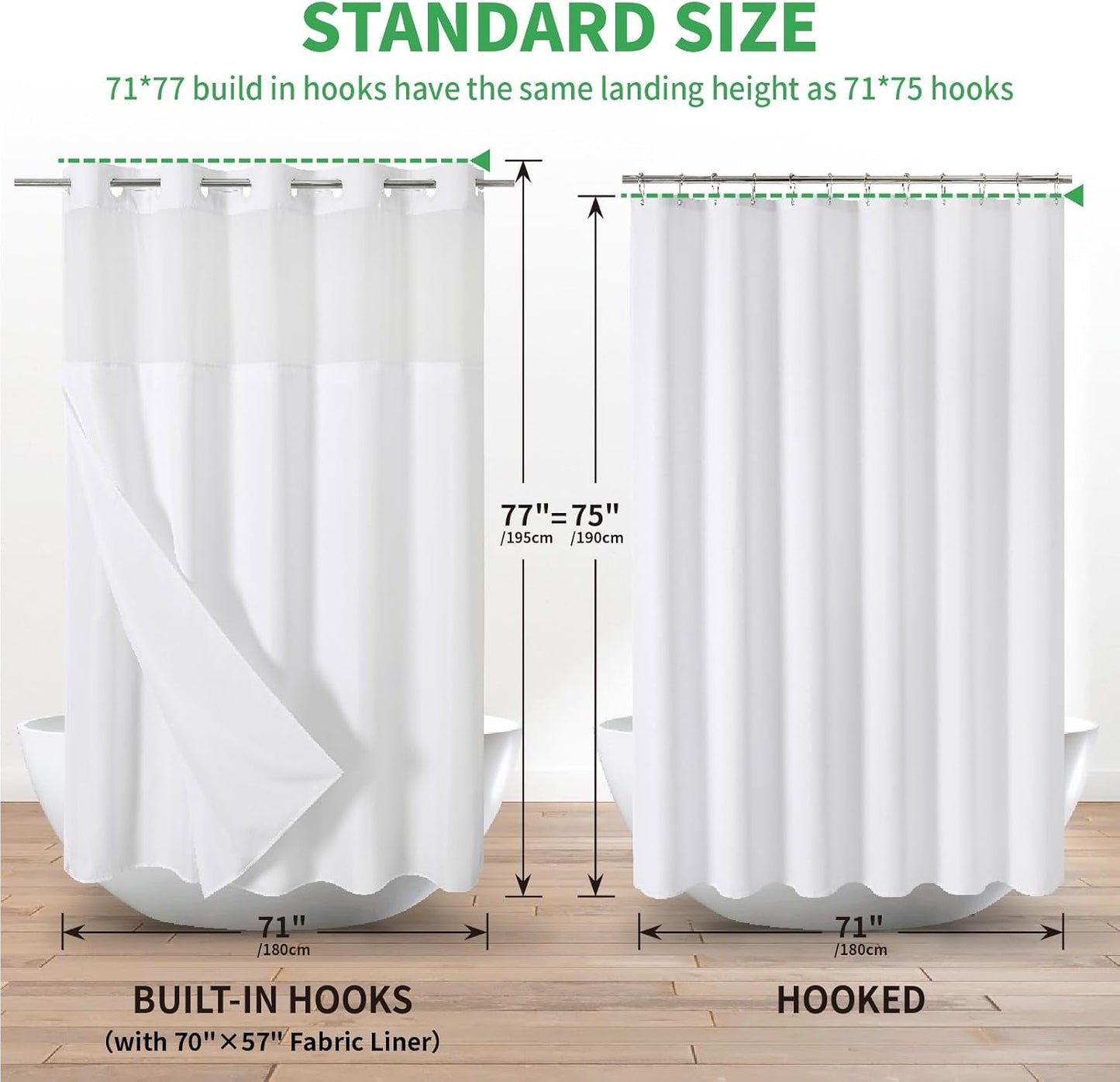 No Hooks Needed Linen Textured Shower Curtain with Snap-in Fabric Liner Set,White Hotel Luxury Decor Shower Curtains for Bathroom with Mesh Top Window,Waterproof & Washable,71Wx77H