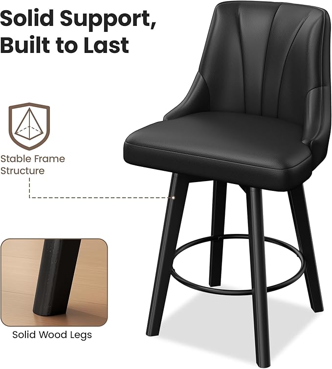 Counter Height Swivel Bar Stool, 24" Upholstered PU Leather Barstools Set of 8, Counter Stool Chair with Back & Solid Wood Legs for Kitchen Island Dining Room (Black)