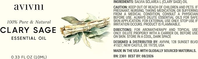 Clary Sage Essential Oil - 100% Pure & Natural, Organic, Undiluted for Aromatherapy, Muscles, Skin, Diffuser (0.33oz - 10ml)