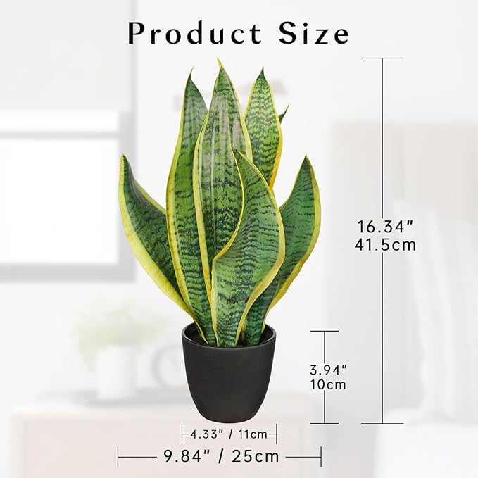 Briful Fake Plant 16 Inch Fake Snake Plant Artificial Plants Indoor Sansevieria Faux Plants with Black Pot Artificial Snake Plant for Living Room Bathroom Office Table Centerpieces Shelf Home Decor