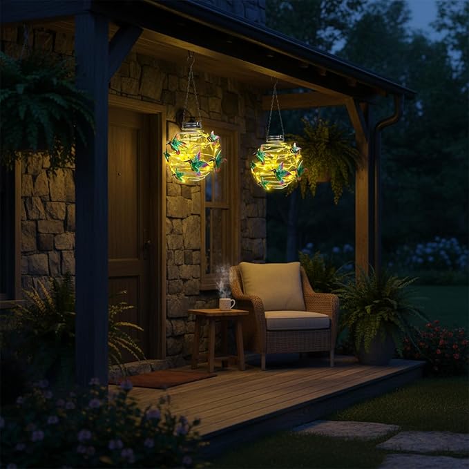 2 Pack Hummingbird Solar Lights Outdoor Hanging Lantern with Handle, Solar Powered Hummingbird Garden Decor for Outside Patio Yard Porch Pathway Butterfly Gifts for Women (Warm White LED Lights)