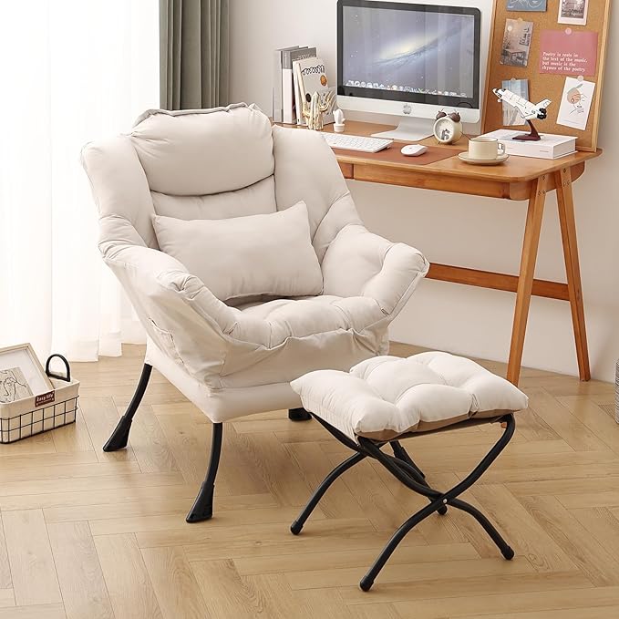 Lazy Chair with Ottoman, Modern Accent Chair with Lumbar Pillow, Comfy Chairs with Folding Footrest for Bedroom, Reading, Oversized Supportive Lounge Chairs(Beige)
