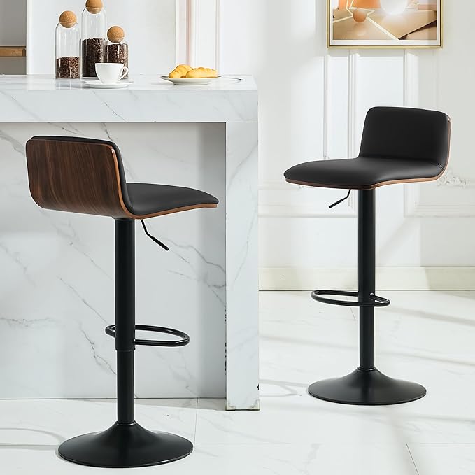 Set of 4 Swivel Bar Stools Adjustable Height, Faux Leather Barstools with Wooden Back and Footrest, Counter Height Bar Height Chairs for Kitchen Island, Dining Room, Black