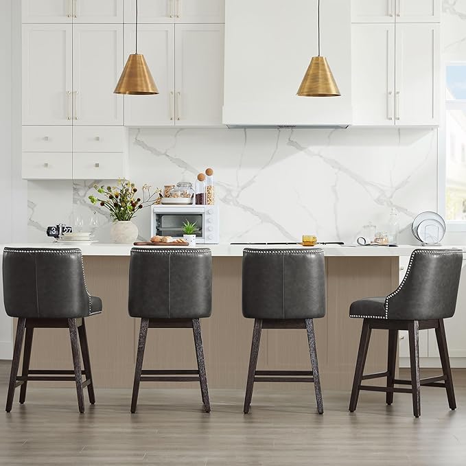 CHITA Counter Height Swivel Bar Stools Set of 4, FSC Certified Upholstered Counter Stools, Modern Swivel Barstools with Wood Legs for Kitchen Island, 26" Seat Height, Faux Leather in Retro Grey