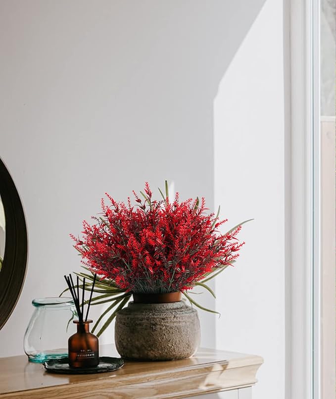 Artificial Outdoor Plants UV Resistant Artificial Greenery Lavender 20 Bundles UV Resistant Hanging Planter Flora Fence Indoor Outside Decor Wedding Table Flowers Arrangement Bouquet Filler(Red)