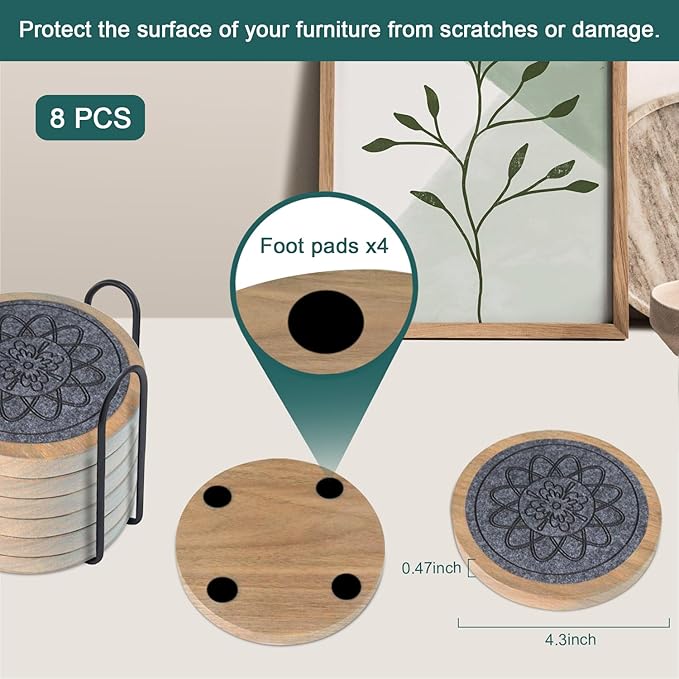Wood Coasters for Drinks Set of 8, Minacun Absorbent Coaster, Drinks Coasters for Coffee Tabletop Protection, Non-Slip, Non-Stick, Suitable for Kinds of Cups Wooden Table Drink, 4.3 Inch Gray