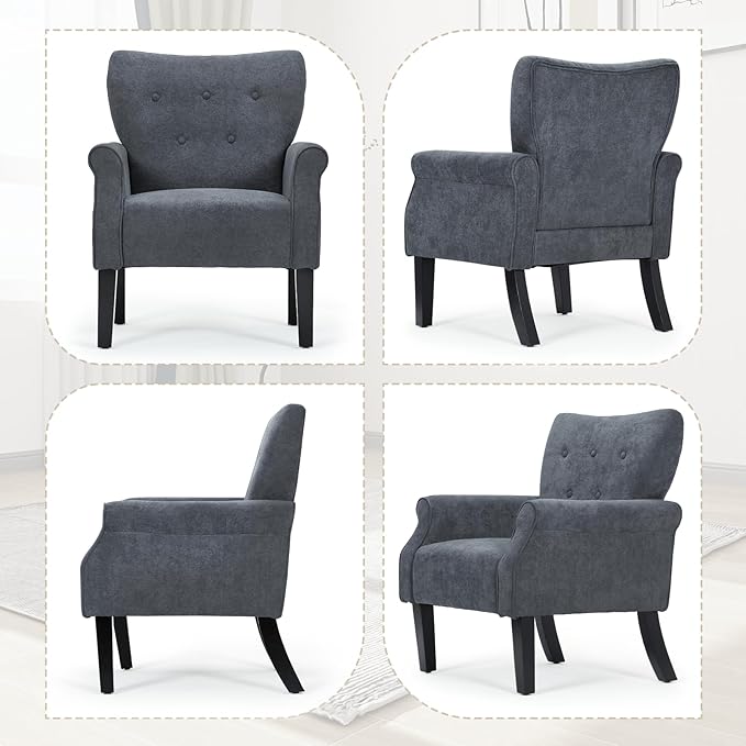 Athena Collection Mid Century Modern Chair for Living Room, Upholstered Wingback Reading Chair for Adults, Comfy Linen Fabric Armchair with Wooden Legs for Bedroom, Dorm, Balcony, Grey