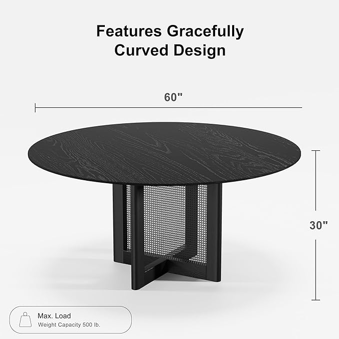 Casaphoria 60" Round Dining Table, Modern Kitchen Table for 8, Scratch-Resistant Top & Rattan Base, Farmhouse Dinner Table for Living Room, Kitchen, Bar, Easy Assembly, Black